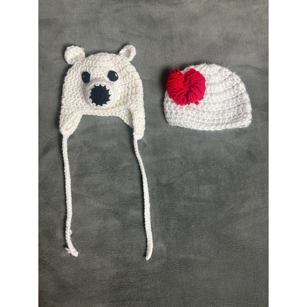 Baby Crochet Hat Lot of 2 White Polar Bear Earflap Red Flower Beanie